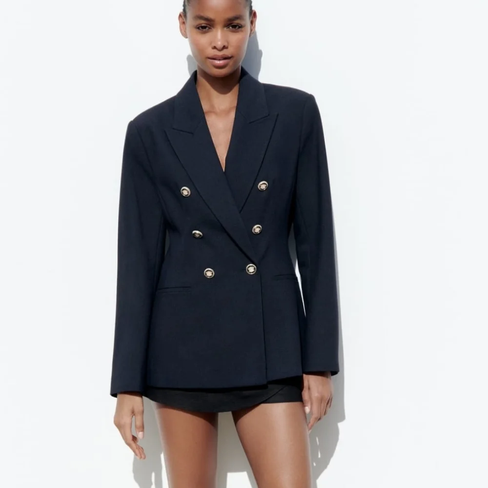 ZARA * DOUBLE BREASTED BLAZER NAVY PIQUE BLAZER - Picture 7 of 13